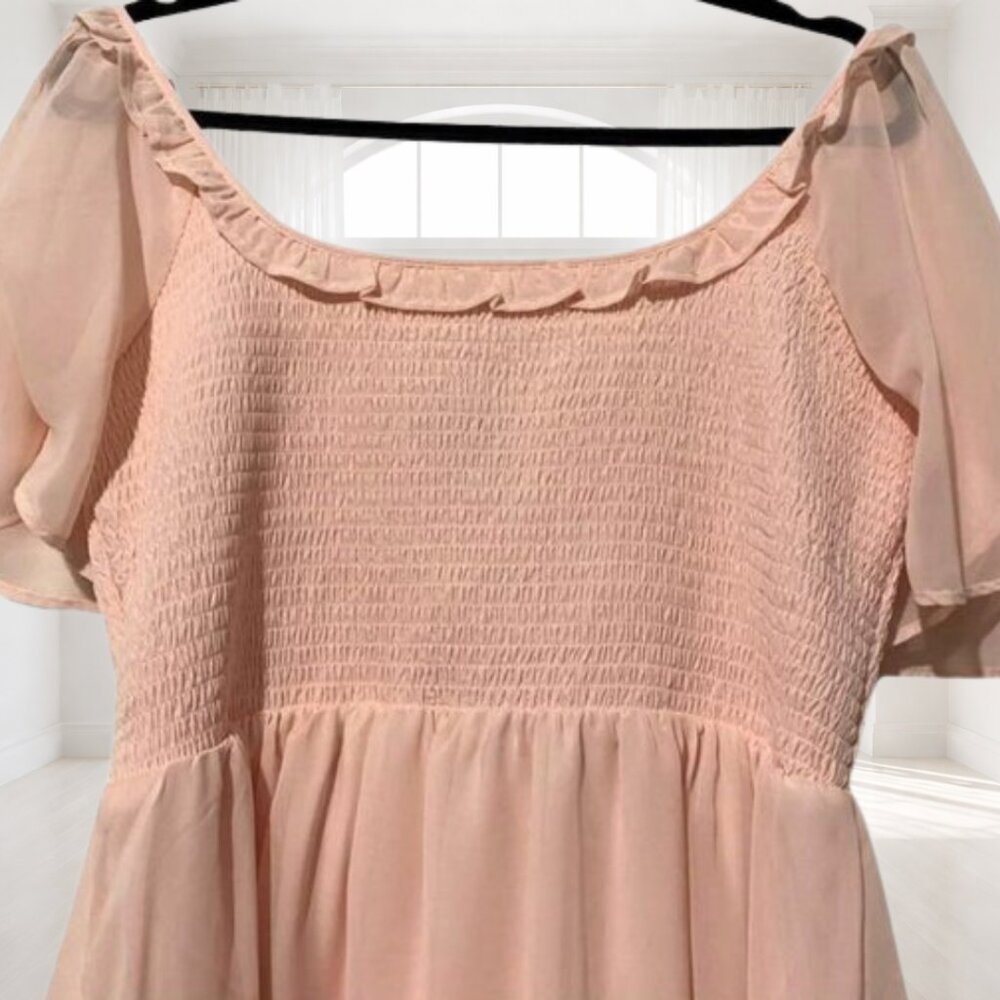 BCBG Paris Rose Quartz Chiffon Smocked Flutter Sleeve Dress | Juniors L - Picture 5 of 9